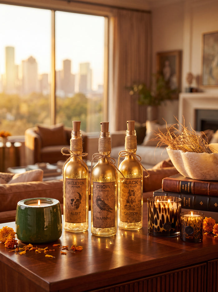 Three decorative glass bottles with cork stoppers and rustic labels are arranged on a wooden table in a warmly lit living room. The bottles are labeled 'Crow's Milk', 'Eagle's Milk', and 'Jack' with illustrated labels.