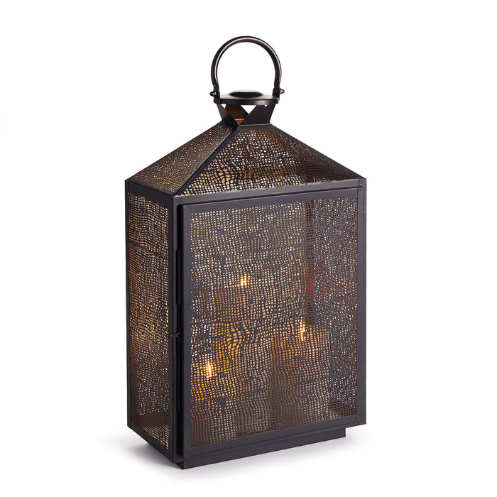 A large lantern with an intricate mesh pattern and a golden brass interior, designed for holding candles.