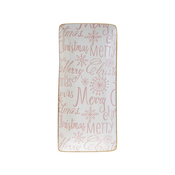 Design Shop Merry Christmas Stoneware Tray with Gold Rim, Pink and White