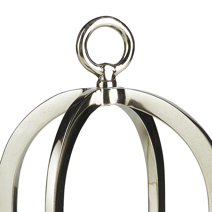 Senza lantern design: polished silver metal, circular loop top with attached stem, curved exterior bands forming a spherical