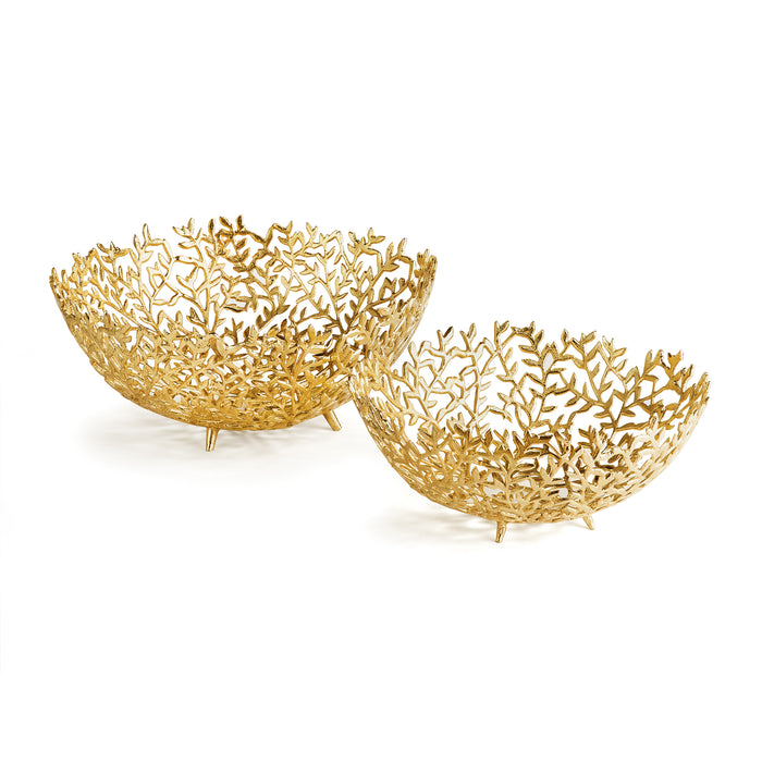 Two gold decorative bowls with intricate leaf lattice, openwork pattern, elevated on small legs, white background.