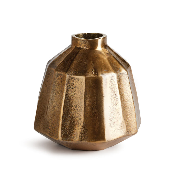 Gold-toned geometric ceramic vase with angular facets and a narrow mouth on a white background.