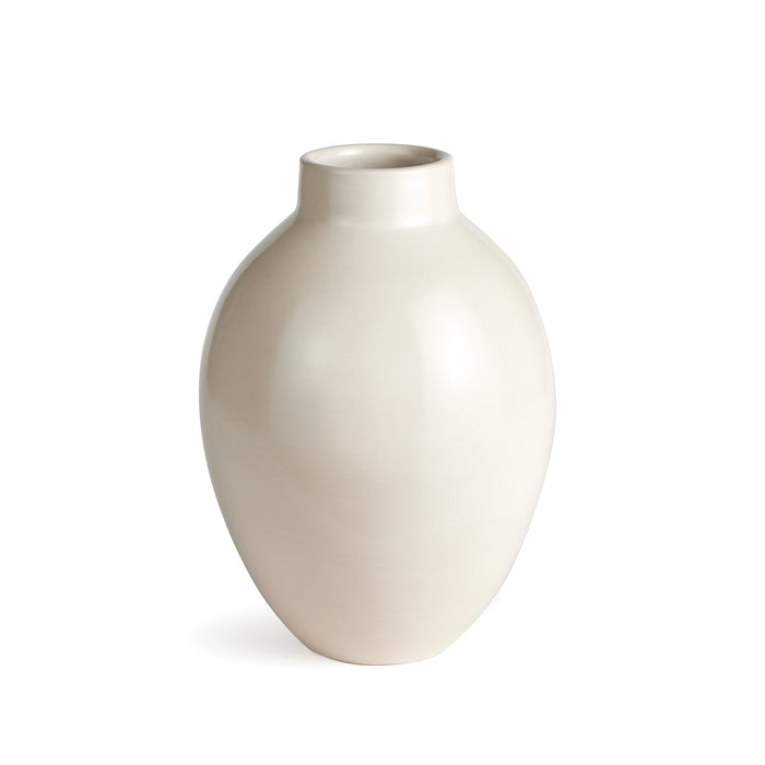 Cream ceramic vase with a rounded, bulbous body and narrow neck on a white background.