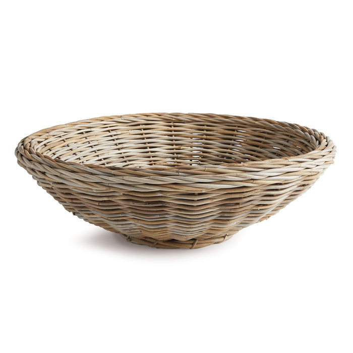 A round, brown wicker basket with a double wall and no visible contents.