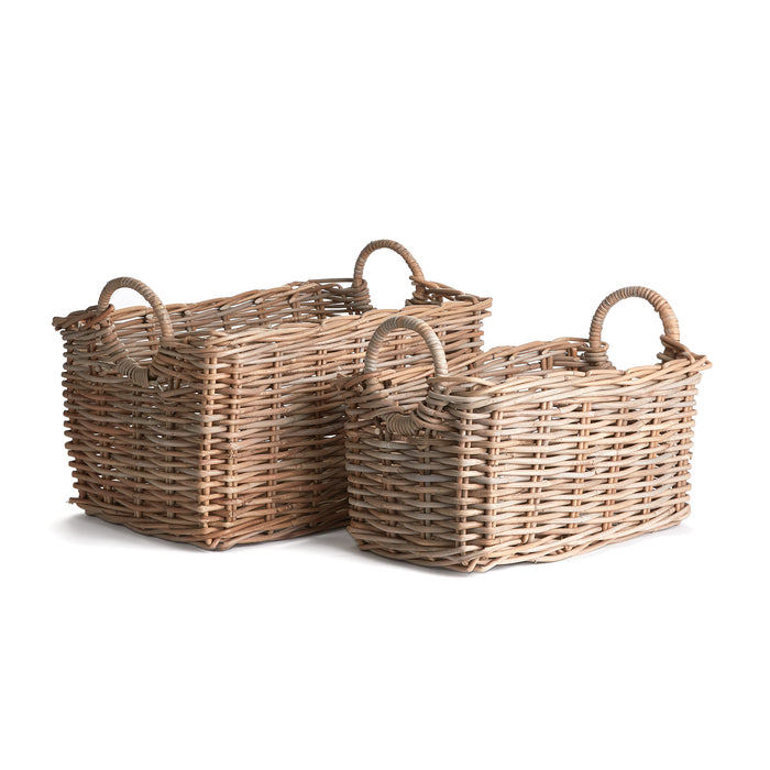 A set of two rectangular wicker baskets with brown rattan handles.