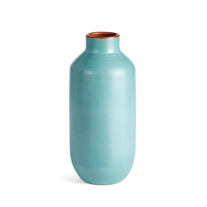 Tall turquoise ceramic bottle vase with a narrow neck and brown interior, on white background.