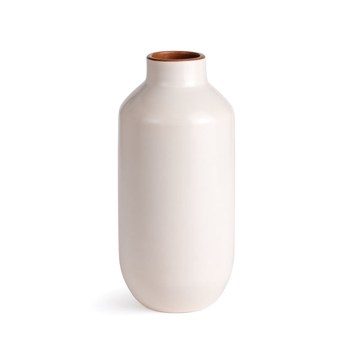 Tall off-white ceramic vase with a narrow brown rim, smooth matte finish, rounded shoulder, empty, on a white background.