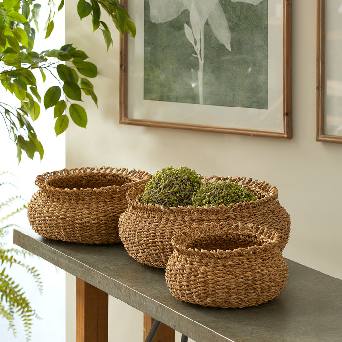 Three seagrass woven baskets in varying sizes on a dark table, with greenery and framed botanical art in background.