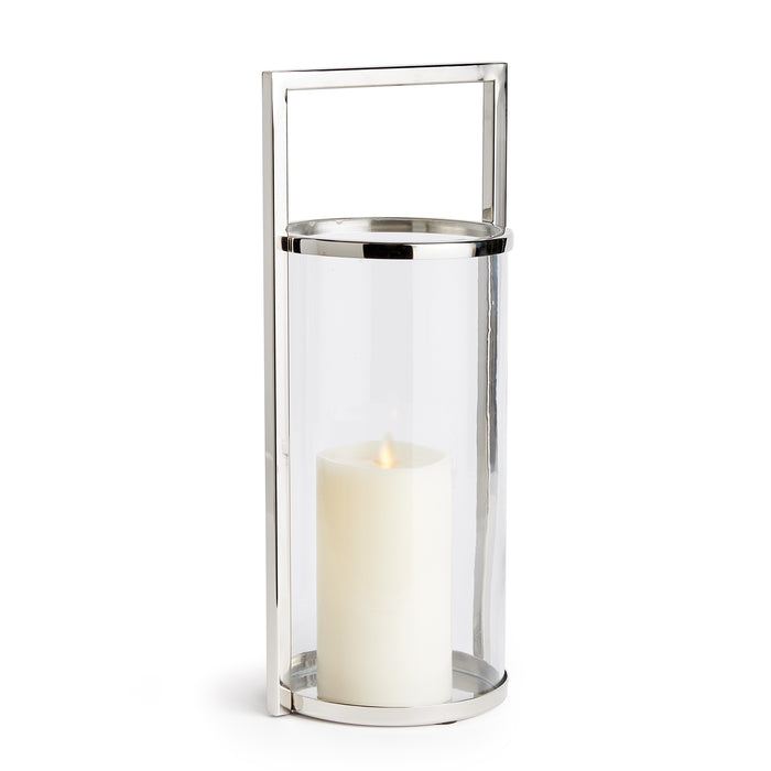 A modern silver stainless steel hurricane candle holder with a clear glass base and a square handle.