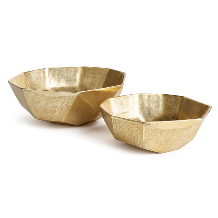 Two gold-toned geometric serving bowls with faceted, angular sides on white background.