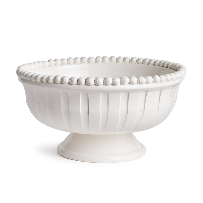 White decorative footed bowl with fluted sides, beaded rim, ceramic finish on pedestal base.