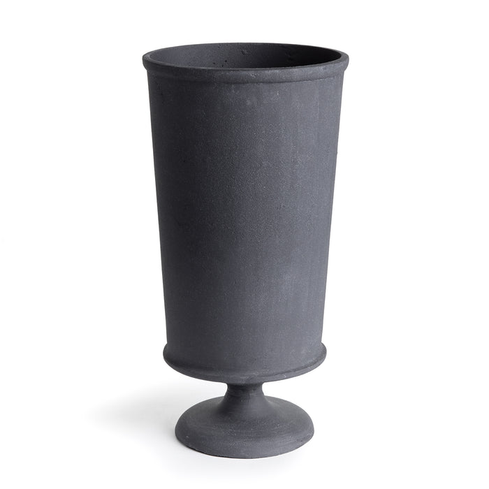 Dark gray terrazza vase with matte finish, tall cylinder on a round pedestal base, empty against white background.