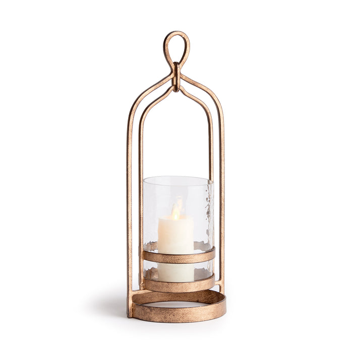 A small hurricane-style candle holder with a cast aluminum base and hammered glass. It features a decorative loop handle on top for hanging.