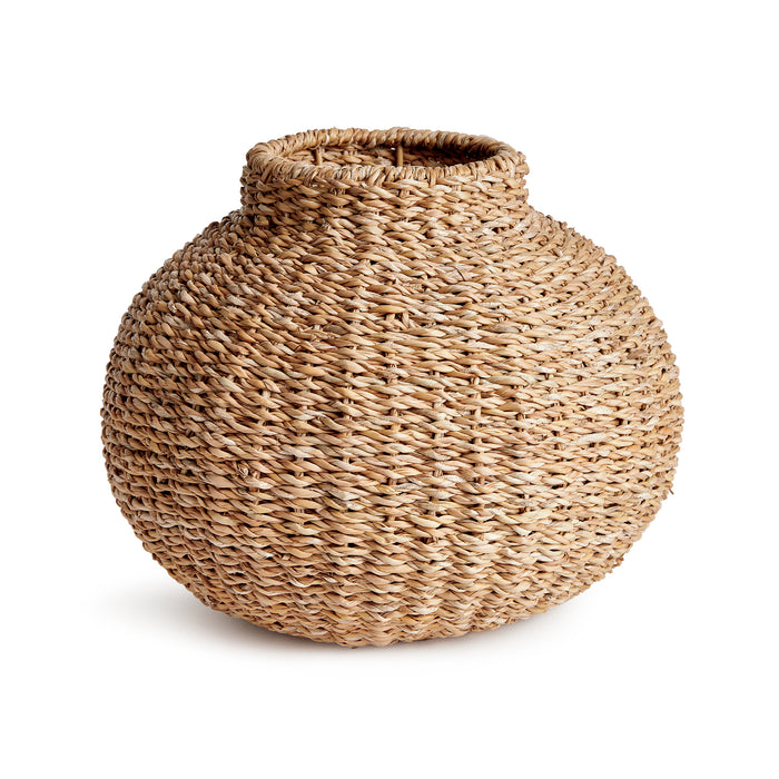 A round, beige-colored wicker vase with a solid iron frame, suitable for indoor use.