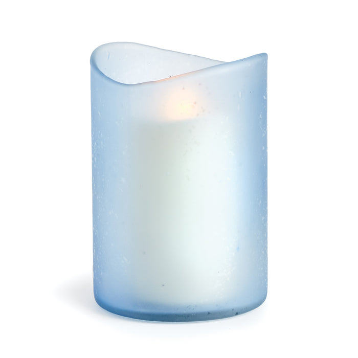 A blue frosted glass hurricane candle holder with a melted edge design, containing a candle that is not included with the holder.