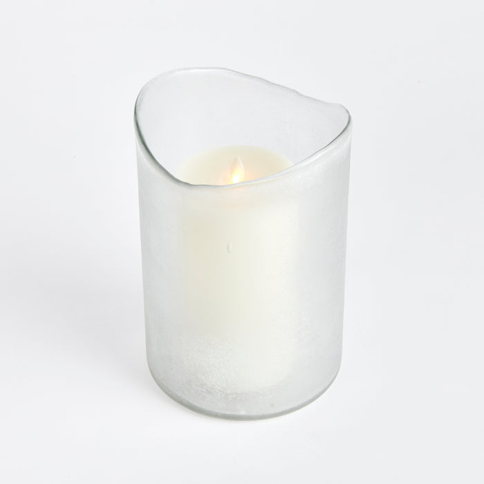 Hurricane large frosted glass hurricane with a lit ivory LED candle inside, curved top rim, white background.