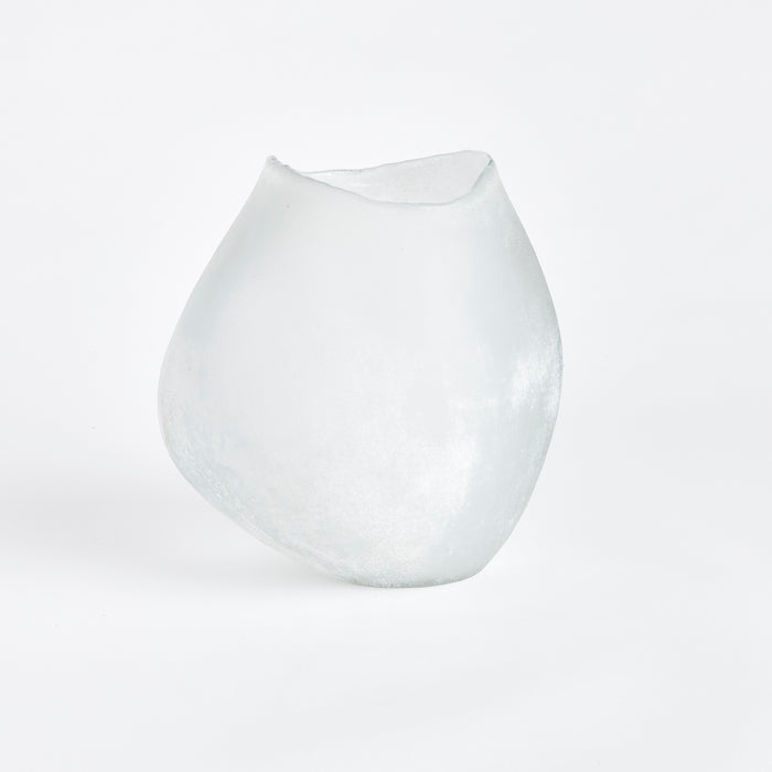 Large frosted glass vase with irregular, rounded teardrop shape and chipped rim on a white background.
