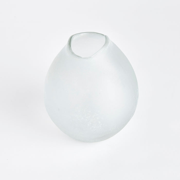Ovoid frosted glass vase with a wide top opening, pale blue-grey tint, smooth matte surface, set against a white background