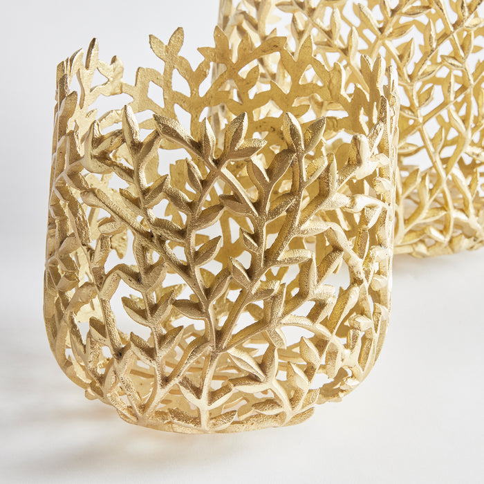 Gold-toned metal cachepot with an open, branching coral/leaf lattice, two-piece set shown against a light background.