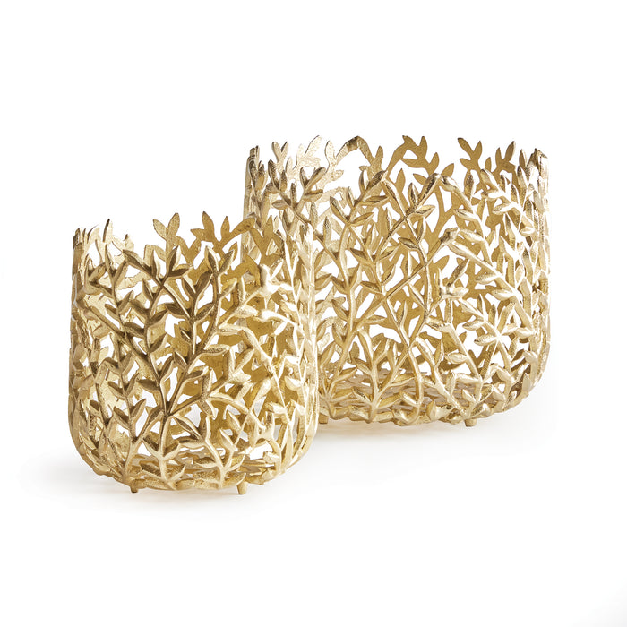 Set of two gold-toned metal cachepots with intricate branching leaf lattice, openwork design, on white background.