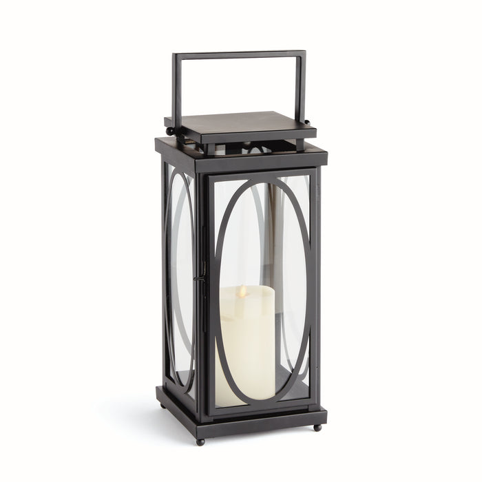 A black lantern with an oval frame and a wide square base, designed for holding candles.