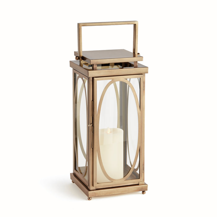 A small lantern with an oval frame, featuring a open top and a wide square base, designed for holding candles.