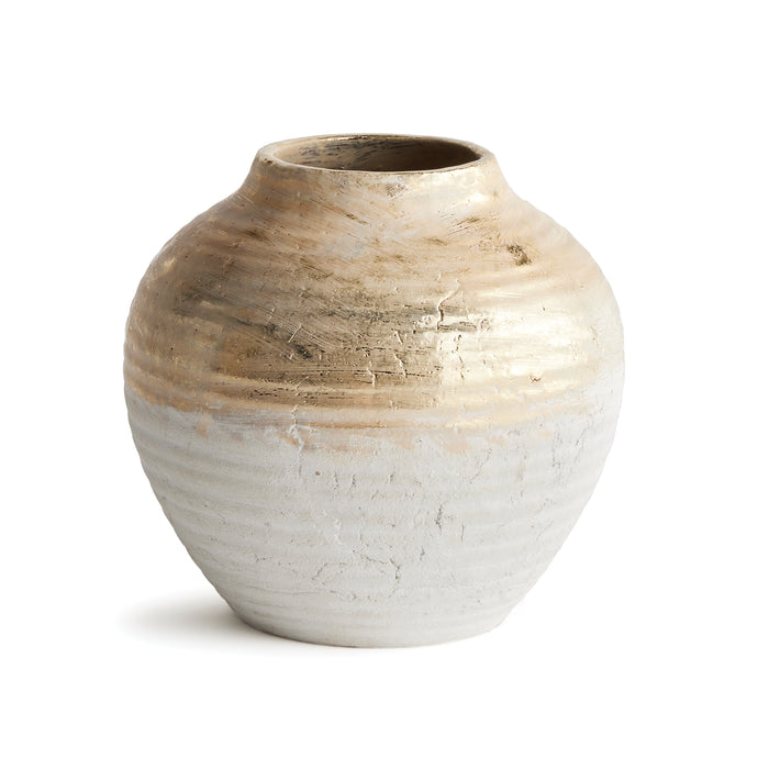 Large teardrop vase with a rounded, bulbous shape; earthy beige to light gray glaze with a metallic bronze band and a rough