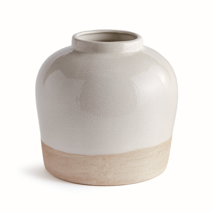 Cream ceramic Leona wide vase with a crackled glaze, rounded body, neutral bisque base, no contents, white background.