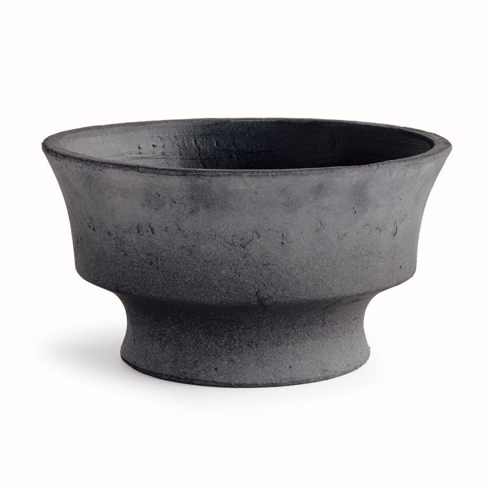 Charcoal gray decorative footed bowl with wide rim and narrow foot, matte ceramic texture, empty interior, isolated on white