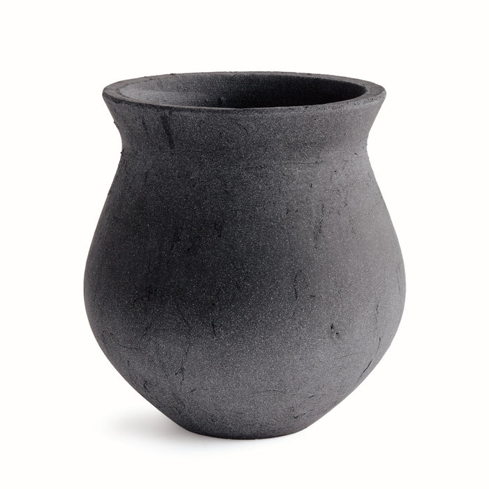 Dark gray textured ceramic vase with a bulbous body and narrow neck, matte finish, on a white background.