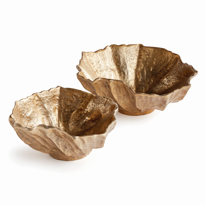 Pair of bronze-toned decorative bowls with jagged, leaf-like rims and textured, metallic finish on a white background