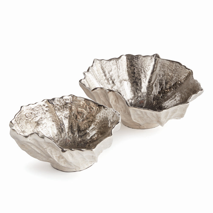 Two textured metallic bowls, silver-toned with crinkled ruffled edges, set against a white background.