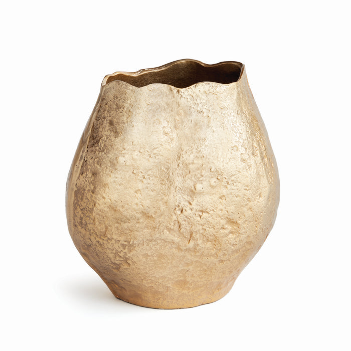 Gold-toned vase with irregular textured surface and wavy rim, bulbous body, on white background.