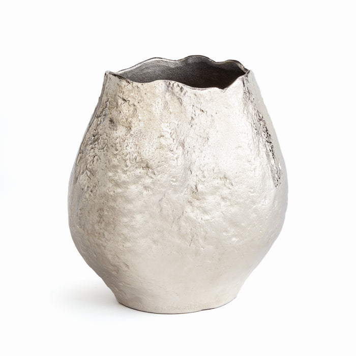 Silver textured short vase with an irregular scalloped rim, metallic finish, bulbous body on a white background.