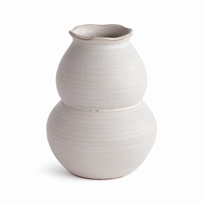 Large double-gourd ceramic vase in off-white, smooth matte glaze, narrow top opening, subtle horizontal ridges, plain
