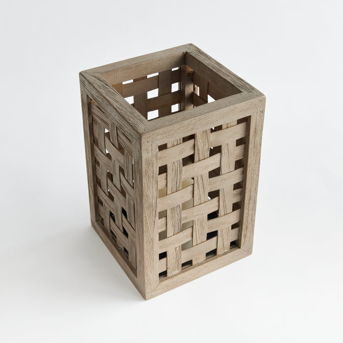 Beige wooden square basket lantern with woven slat lattice sides and open top, set against a white background.