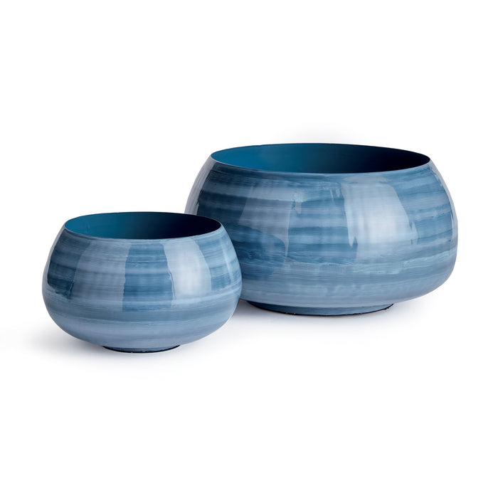 Two blue glazed ceramic bowls, set of 2, round, brushed stripe pattern, interior dark teal, on white background.