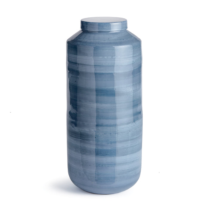Large blue ceramic ginger jar with a matte glaze and horizontal banded stripes, pale blue to deep indigo, cylindrical with a