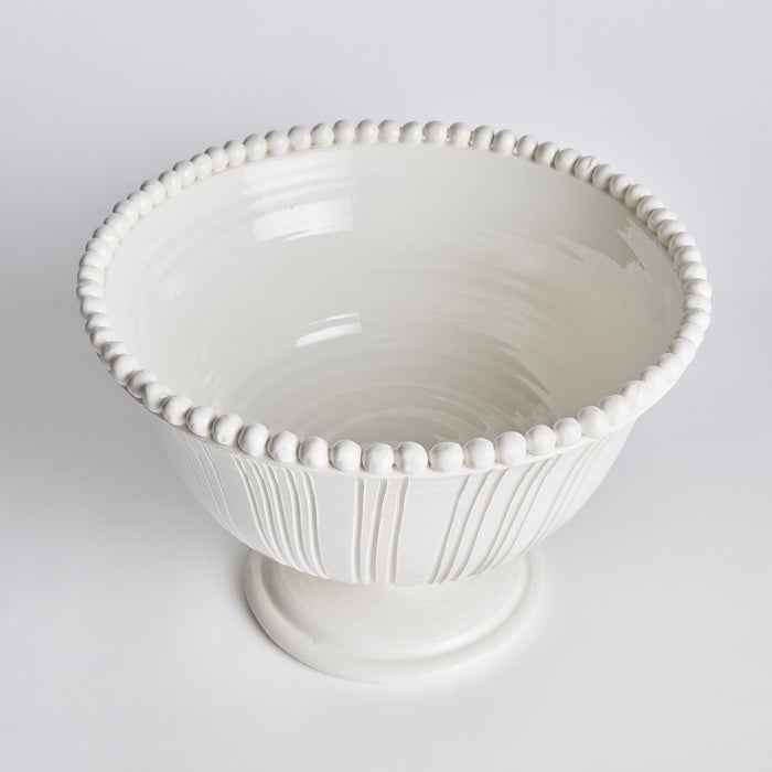 White footed decorative bowl with beaded rim and vertical fluted sides, glossy ceramic on a round pedestal base.