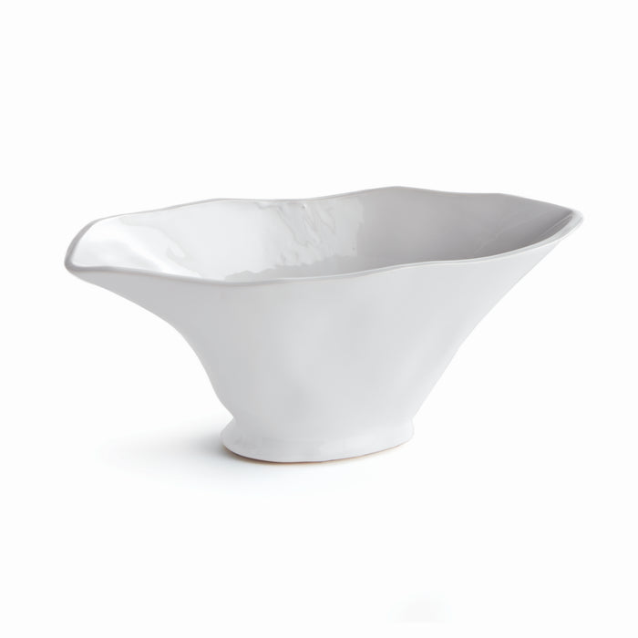 Small white ceramic Madara oval vase with a flared, wavy rim on a pedestal base.