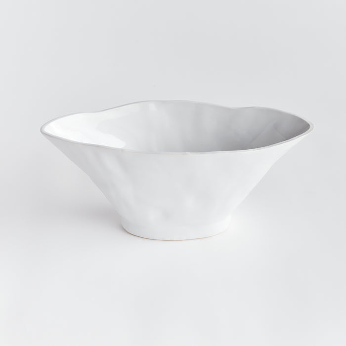 White porcelain Madara oval vase with flared rim and narrow foot, smooth glossy finish, sits on white background.