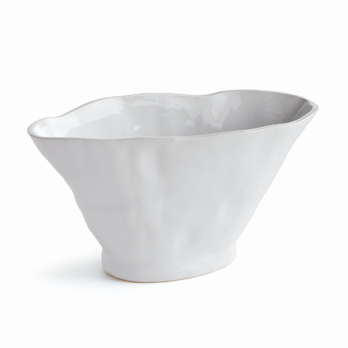 White porcelain vase with irregular, flared rim and curved tapered body, glossy finish, on white background.