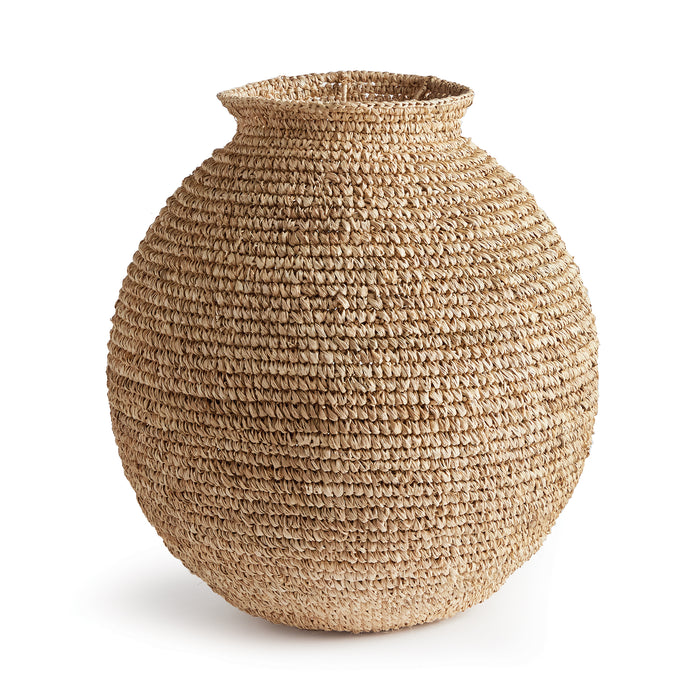 A large woven vase made of natural corn husk material, with a tightly-woven texture and a lid on top.