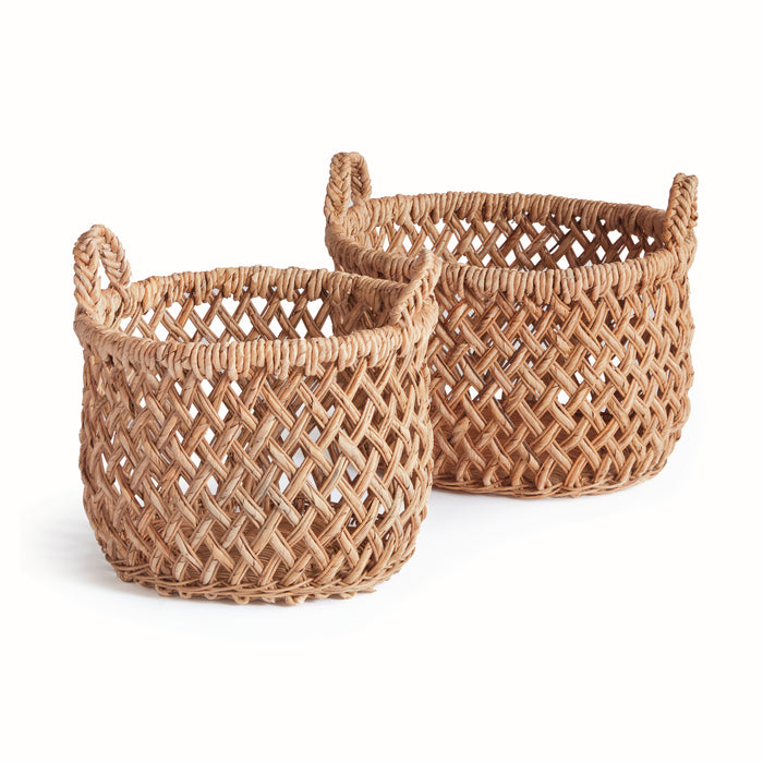 A set of two oval-shaped, brown wicker baskets with handles.