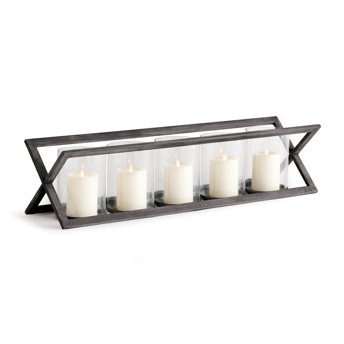 A 5-pillar candleholder with a gray aged European zinc finish and clear glass holders.