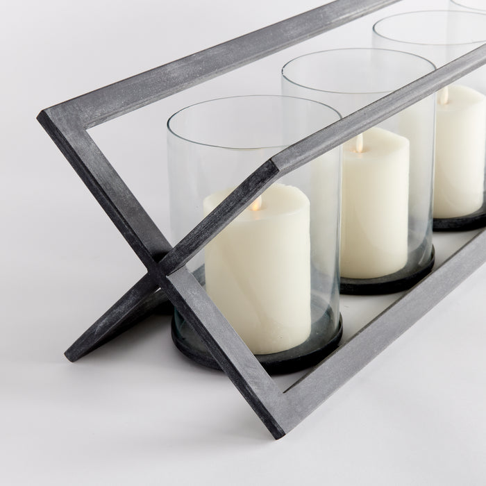 Baxton Design Shop 5-pillar candleholder with glass cylinders and metal frame, four white pillar candles, grey finish, white