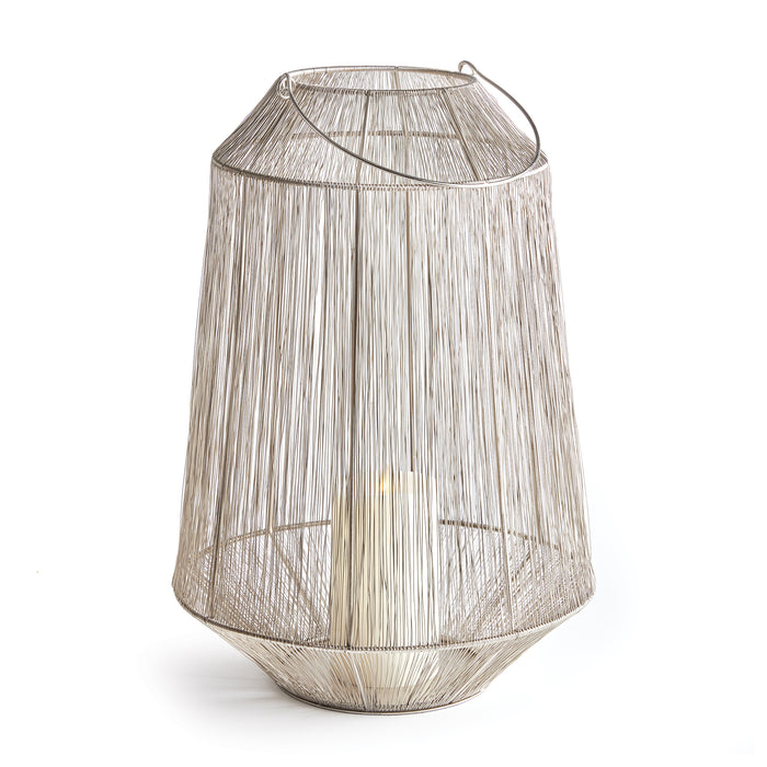 A large cylindrical lantern with a silver metallic woven design and an iron frame, designed for holding a candle.