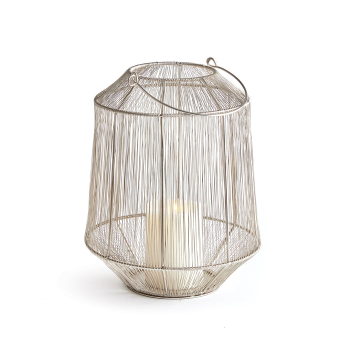 A silver metallic lantern with a solid iron frame, featuring a woven design that allows candlelight to shine through, designed for interior use.