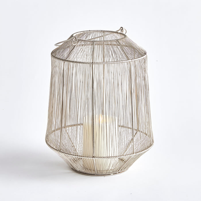 Elwin Lantern Small: silver metal wire cage lantern with vertical strands, round base, open top, candle inside, plain white