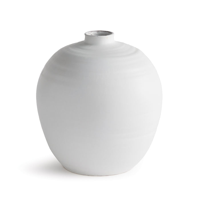 White ceramic vase, rounded bulb shape, narrow short neck, smooth matte glaze, plain background.